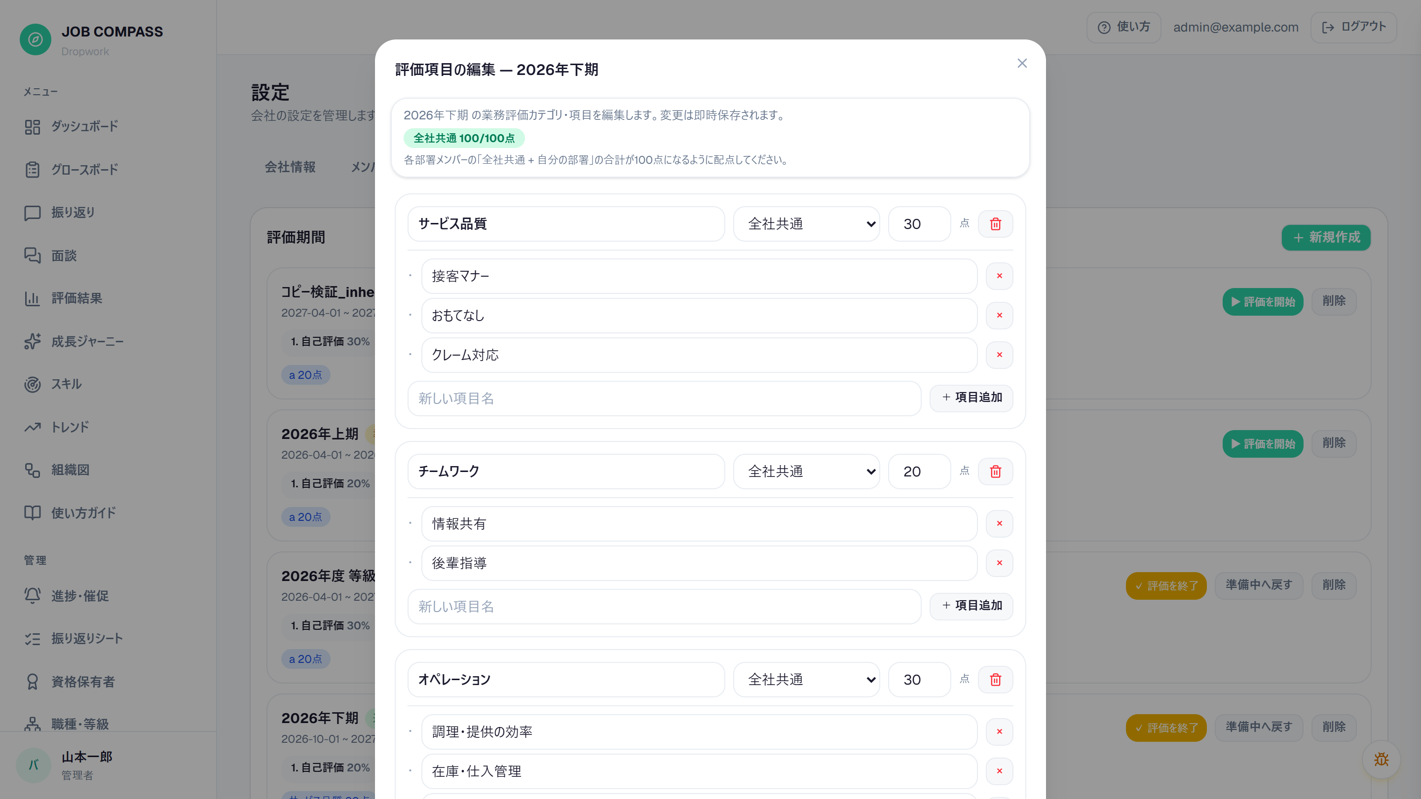 業種テンプレートから自動生成された評価カテゴリ・項目。名前も配点もそのまま編集できます。