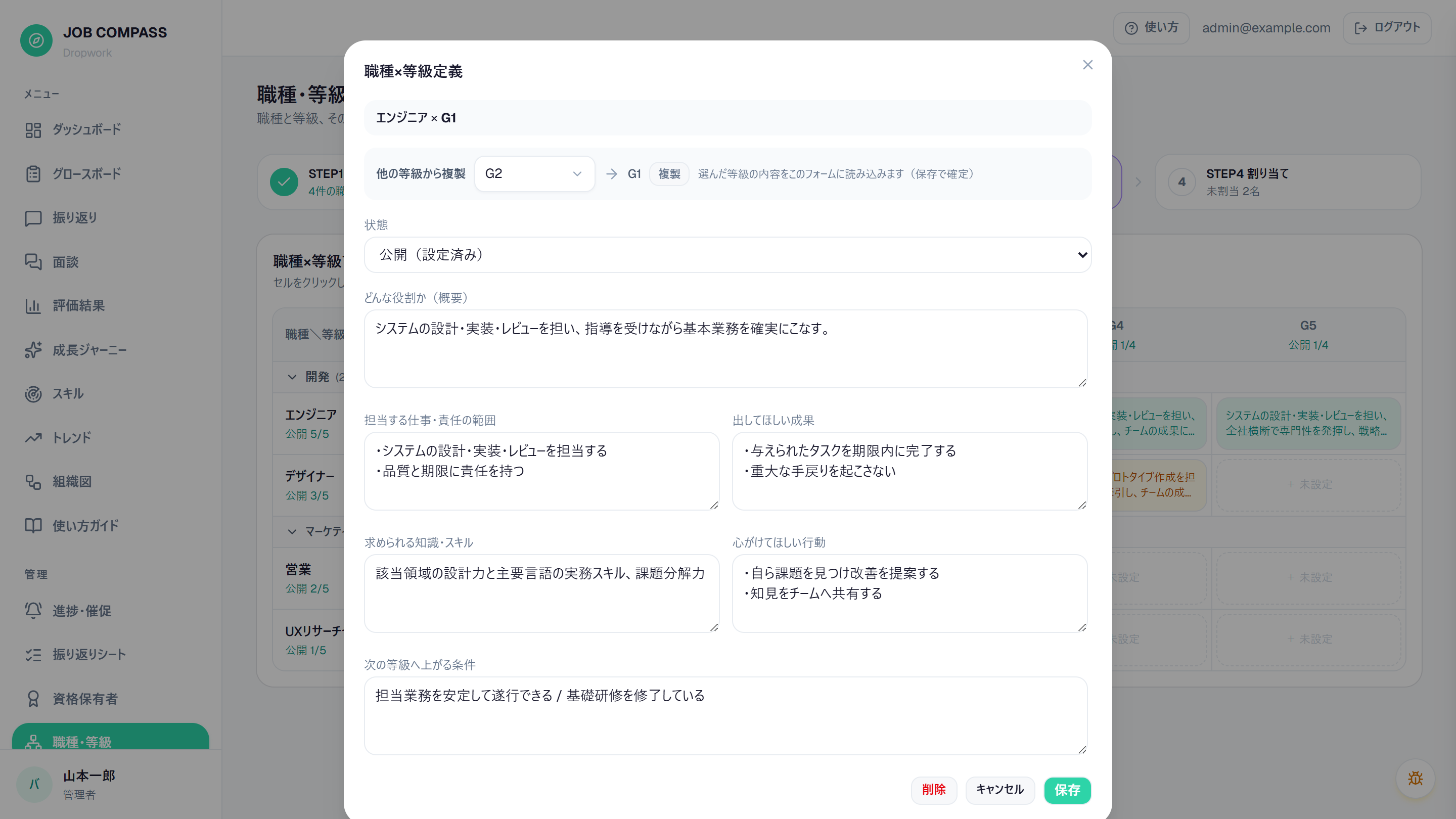 職種×等級の定義。役割・成果・求めるスキル・昇格の条件をセルごとに記述します。