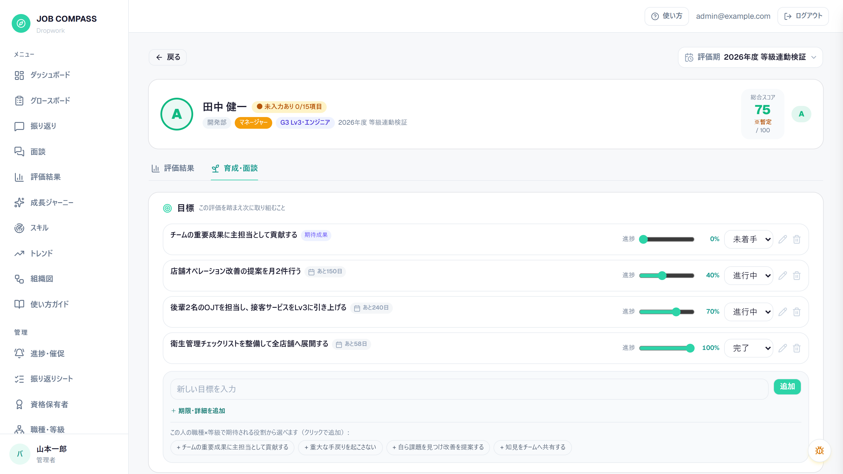 育成目標。評価と期待役割から目標を立て、進捗を可視化。