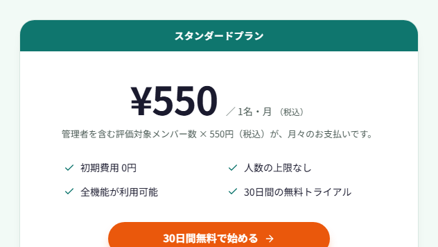 料金プランの画面。1名あたり月額550円（税込）、初期費用0円