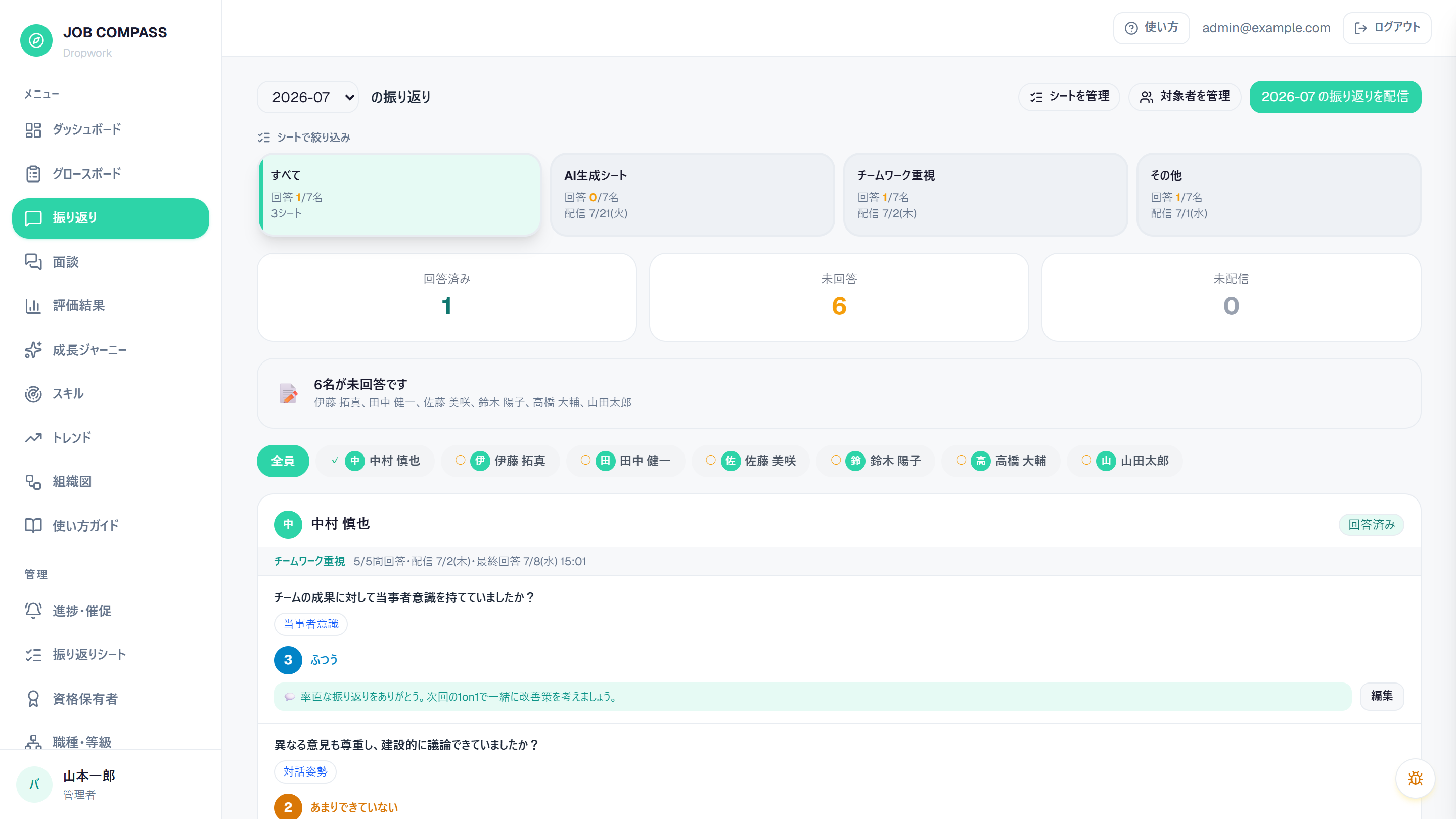 振り返り(管理者)。シートごとの回答状況と、回答への上長コメントを確認できます。